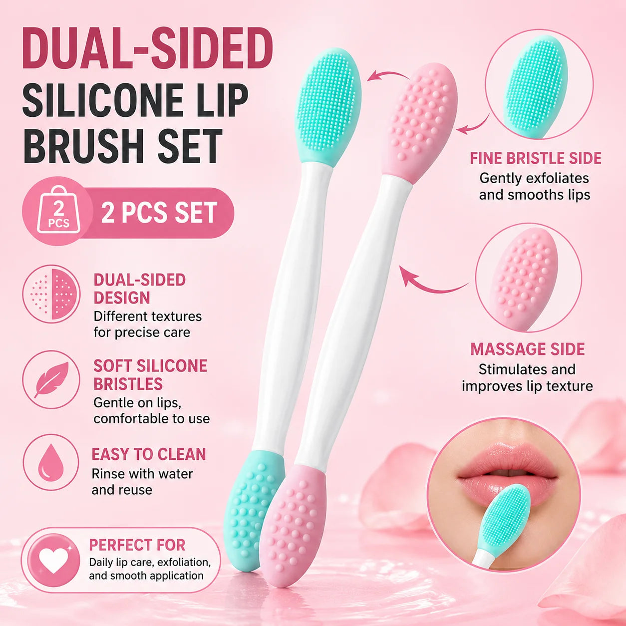 Double-Sided Silicone Lip Brushes For Exfoliation And Balm Application