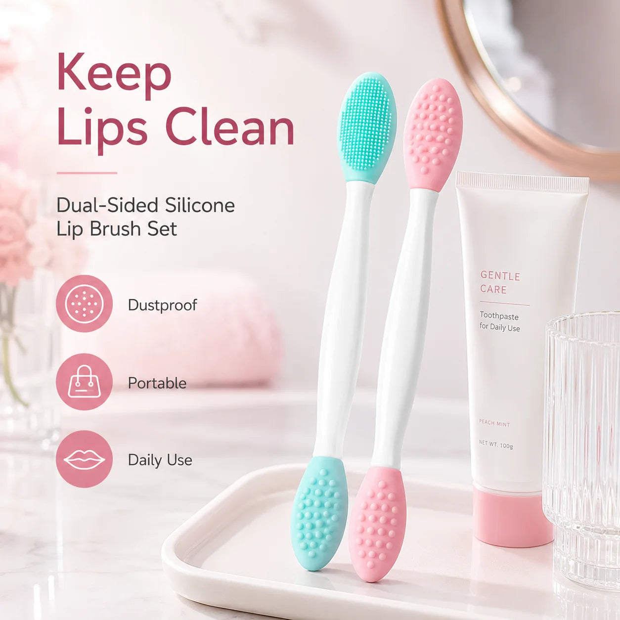 Double-Sided Silicone Lip Brushes For Exfoliation And Balm Application