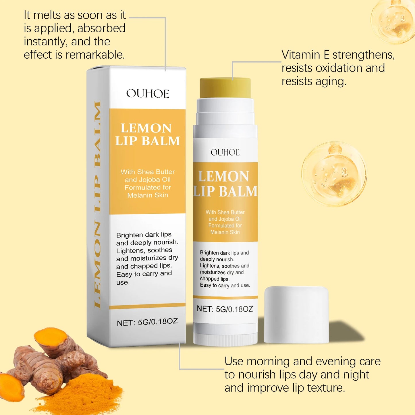 OUHOE 5G Lemon Ginger Lip Balm Moisturizing Nourishing Hydrating Care