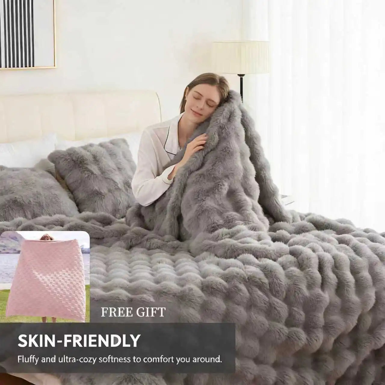 ROSEKIND Ultra Soft Faux Fur Rabbit Blanket For Home Office