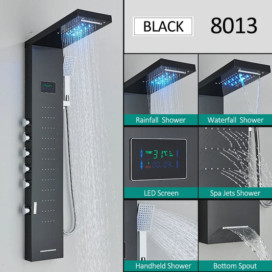Quyanre LED Shower Panel Tower System Rain Waterfall Faucet