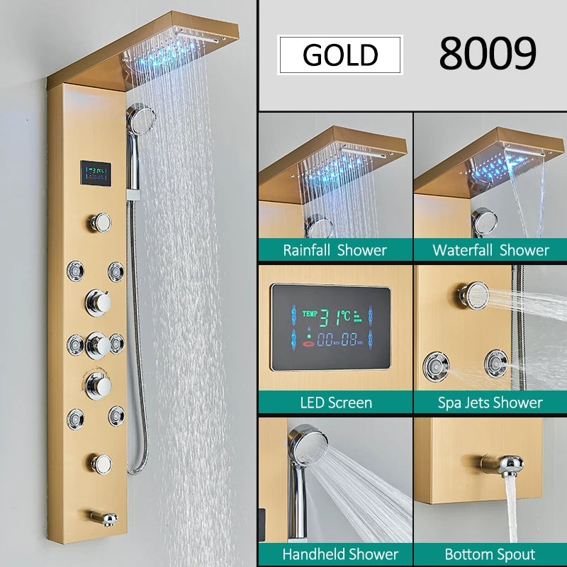Quyanre LED Shower Panel Tower System Rain Waterfall Faucet