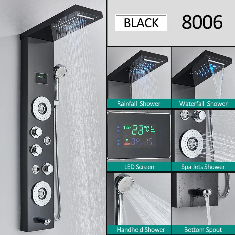 Quyanre LED Shower Panel Tower System Rain Waterfall Faucet