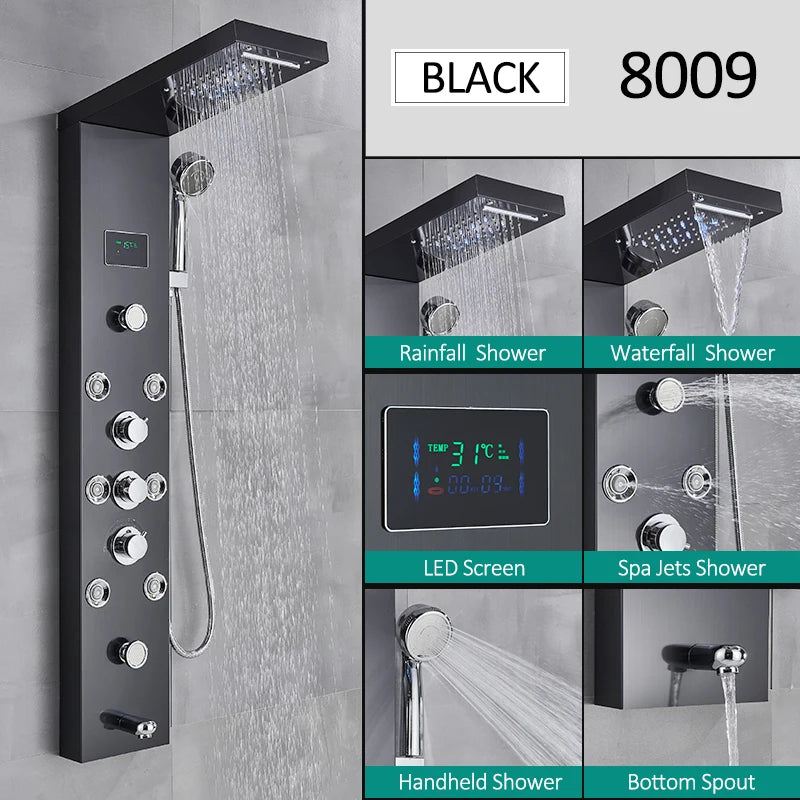 Quyanre LED Shower Panel Tower System Rain Waterfall Faucet