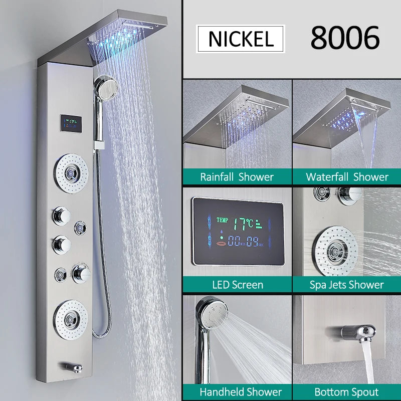 Quyanre LED Shower Panel Tower System Rain Waterfall Faucet