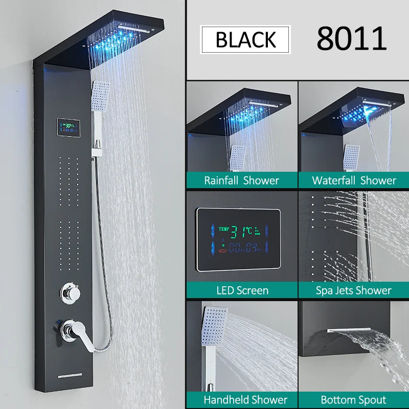 Quyanre LED Shower Panel Tower System Rain Waterfall Faucet