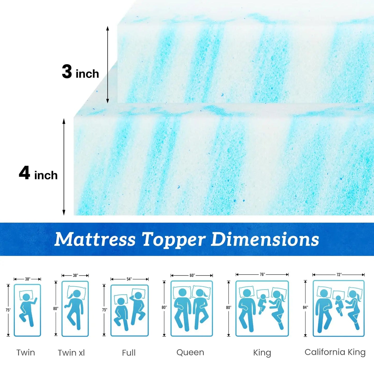 JHK Breathable Soft Gel Cooling Memory Foam Mattress Topper
