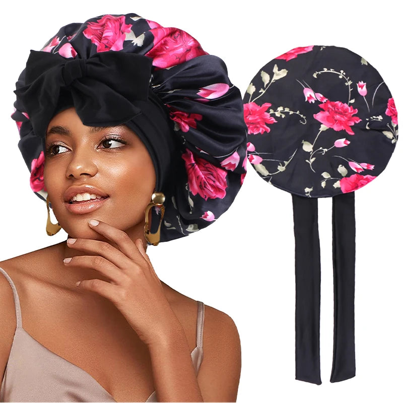 Flower Print Satin Sleep Bonnet With Hair Protection Tie Band