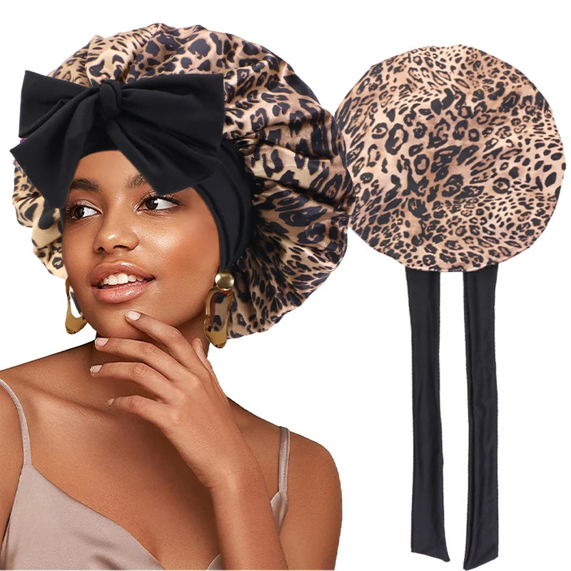 Flower Print Satin Sleep Bonnet With Hair Protection Tie Band