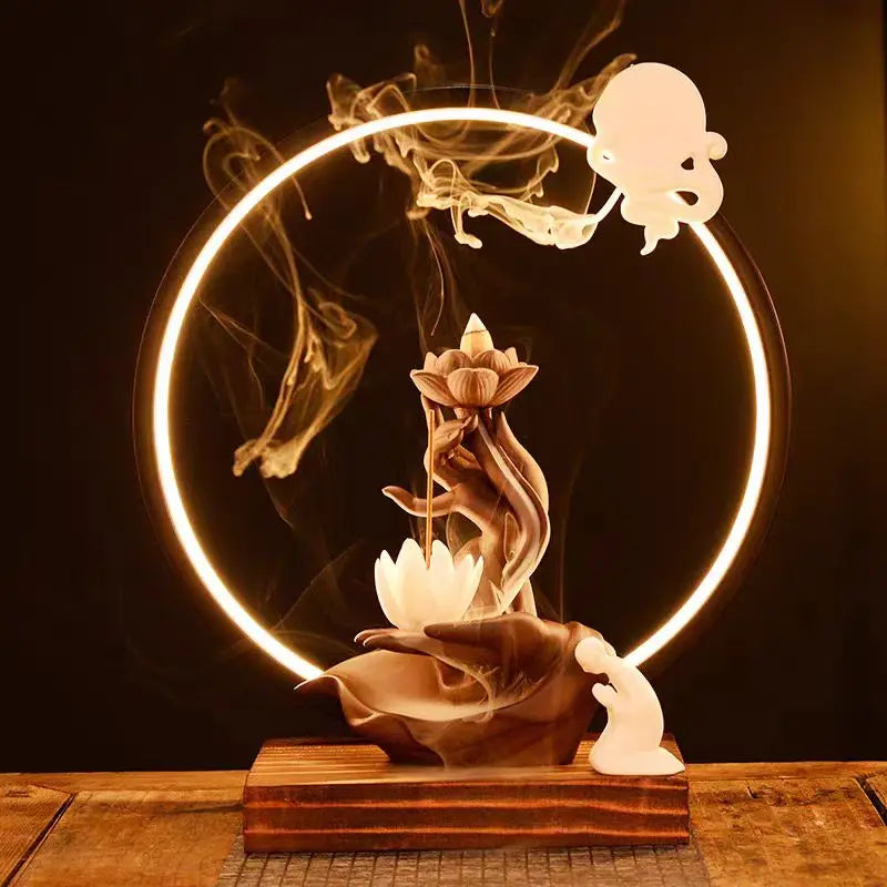 Chinese Style Buddha Hand Lotus LED Reflux Incense Burner Stand