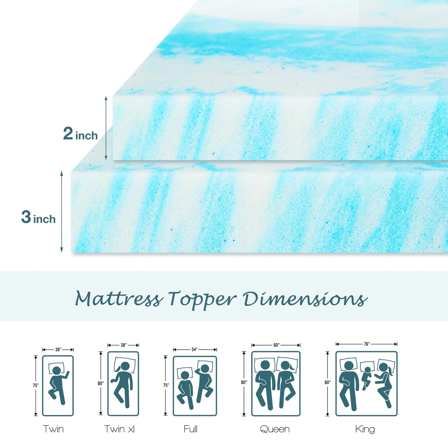 JHK Breathable Soft Gel Cooling Memory Foam Mattress Topper