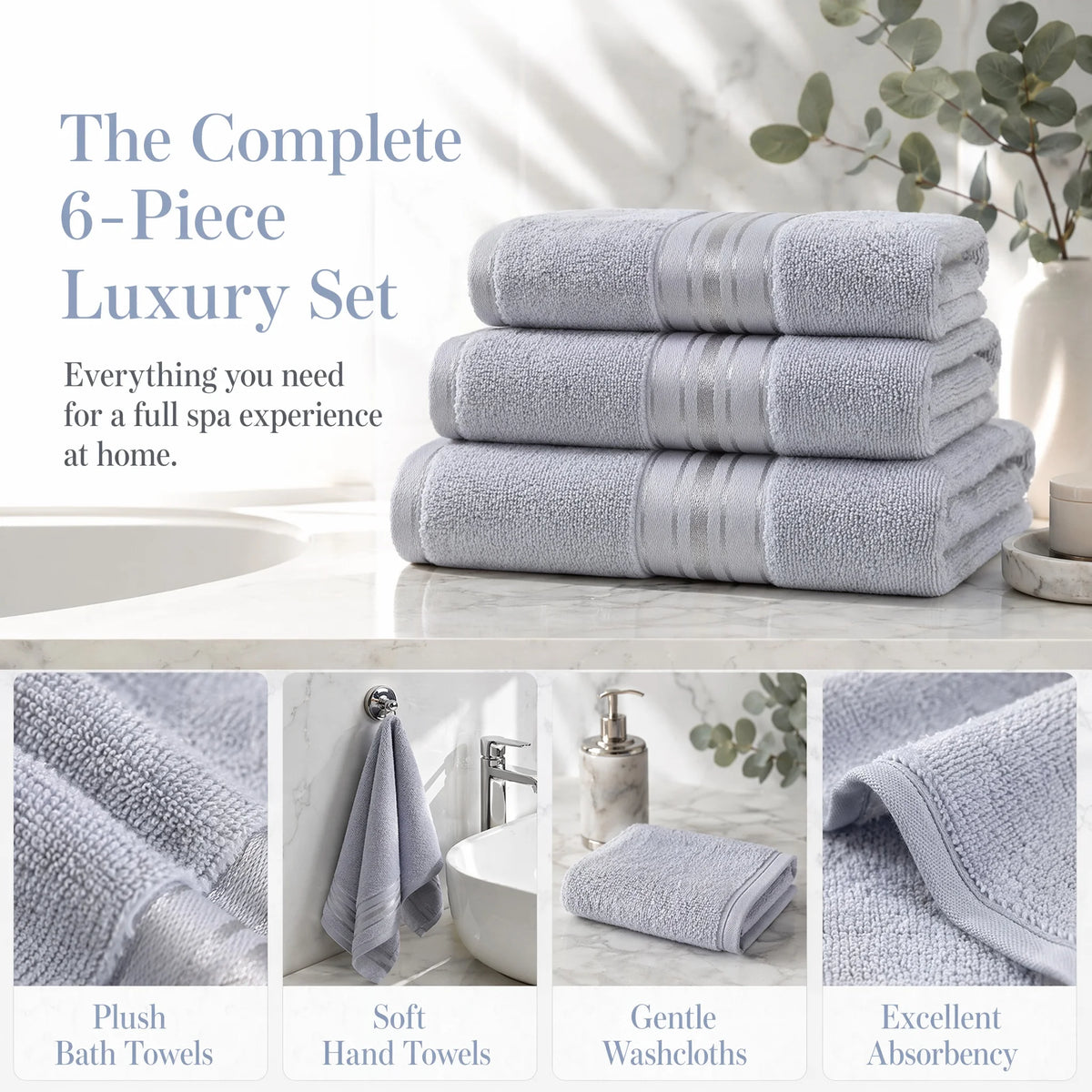 Luxury 6 Piece 100 Percent Cotton Turkish Towel Collection