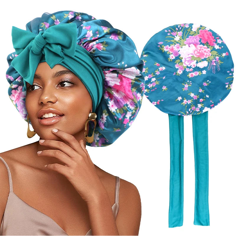 Flower Print Satin Sleep Bonnet With Hair Protection Tie Band