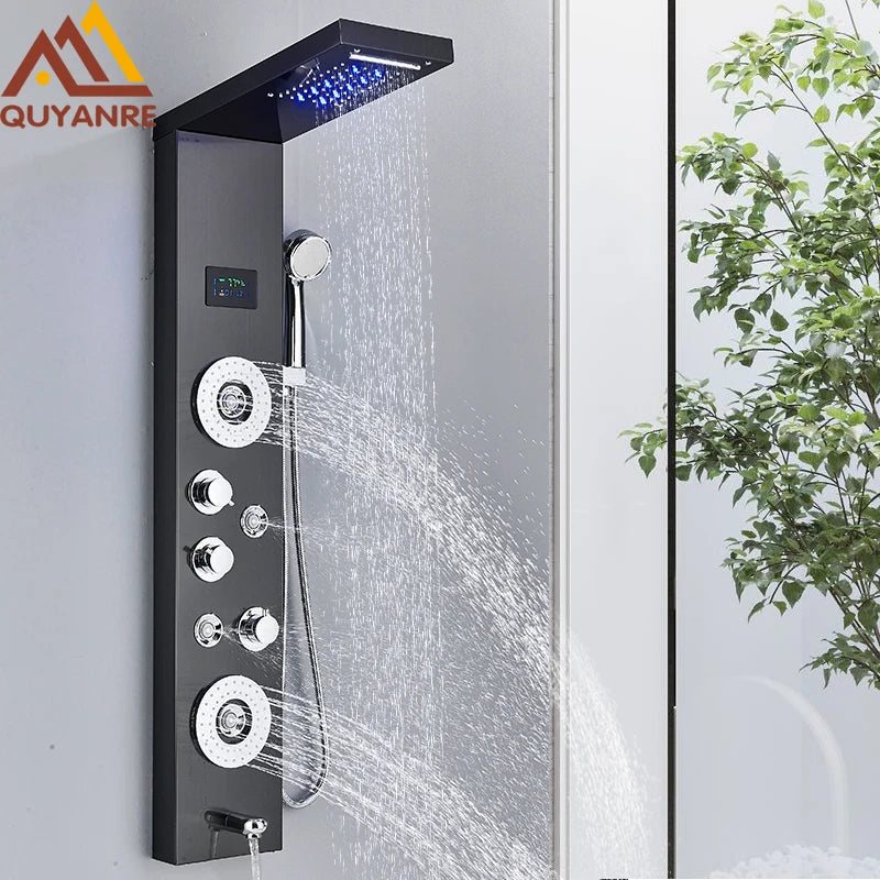 Quyanre LED Shower Panel Tower System Rain Waterfall Faucet