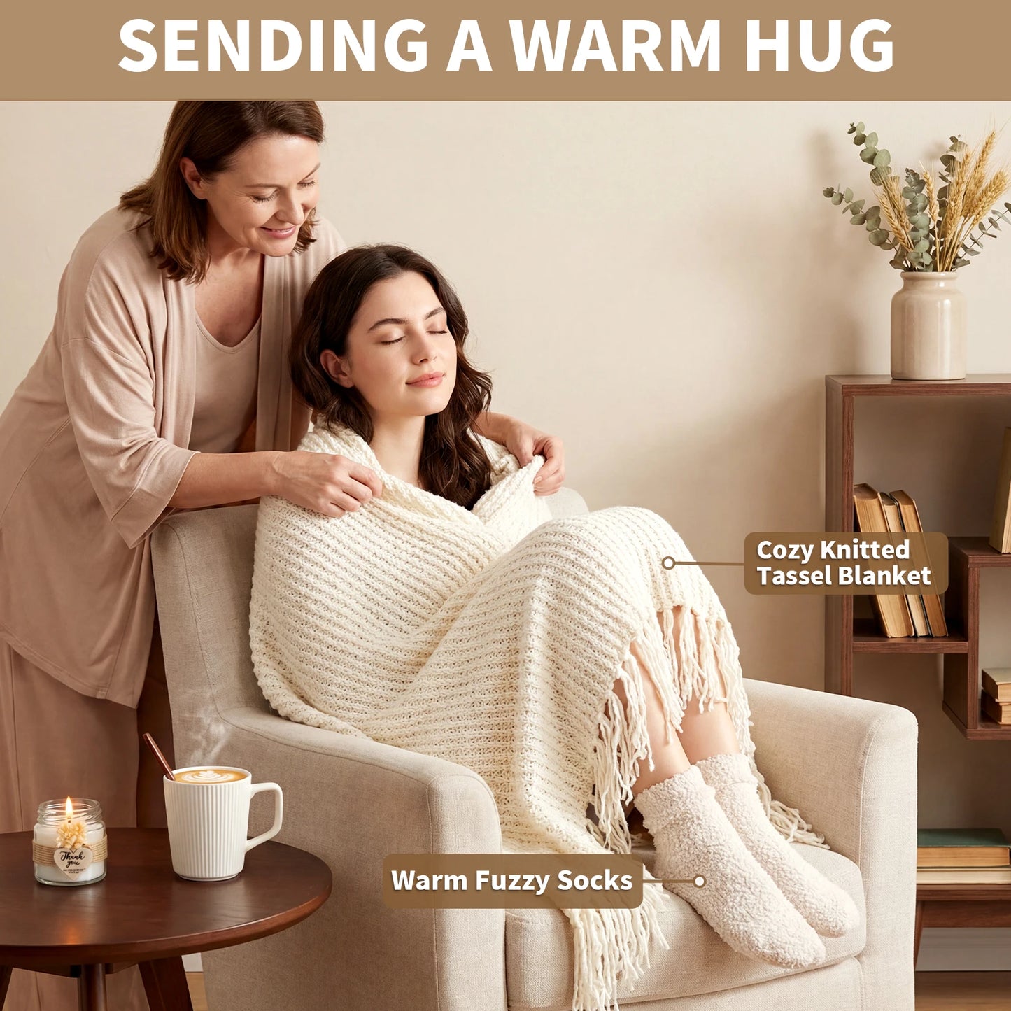 Women Comfort Gift Set Knit Blanket Fuzzy Socks Mug Candle