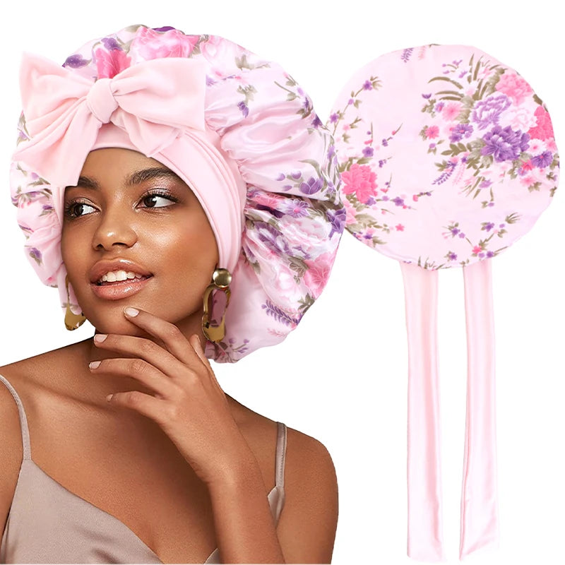 Flower Print Satin Sleep Bonnet With Hair Protection Tie Band