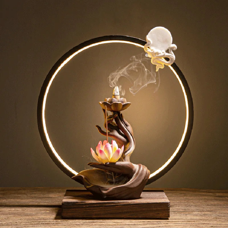 Chinese Style Buddha Hand Lotus LED Reflux Incense Burner Stand