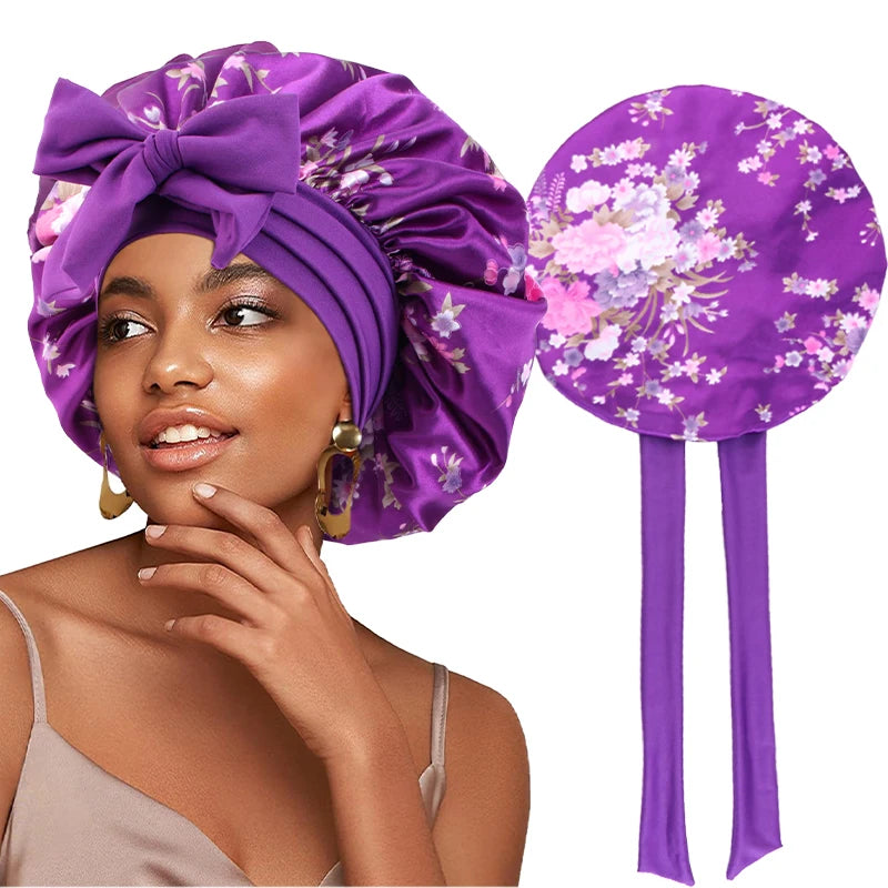 Flower Print Satin Sleep Bonnet With Hair Protection Tie Band