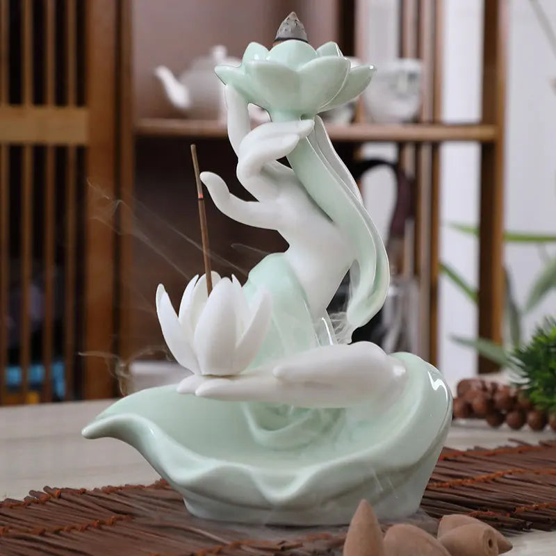 Chinese Style Buddha Hand Lotus LED Reflux Incense Burner Stand