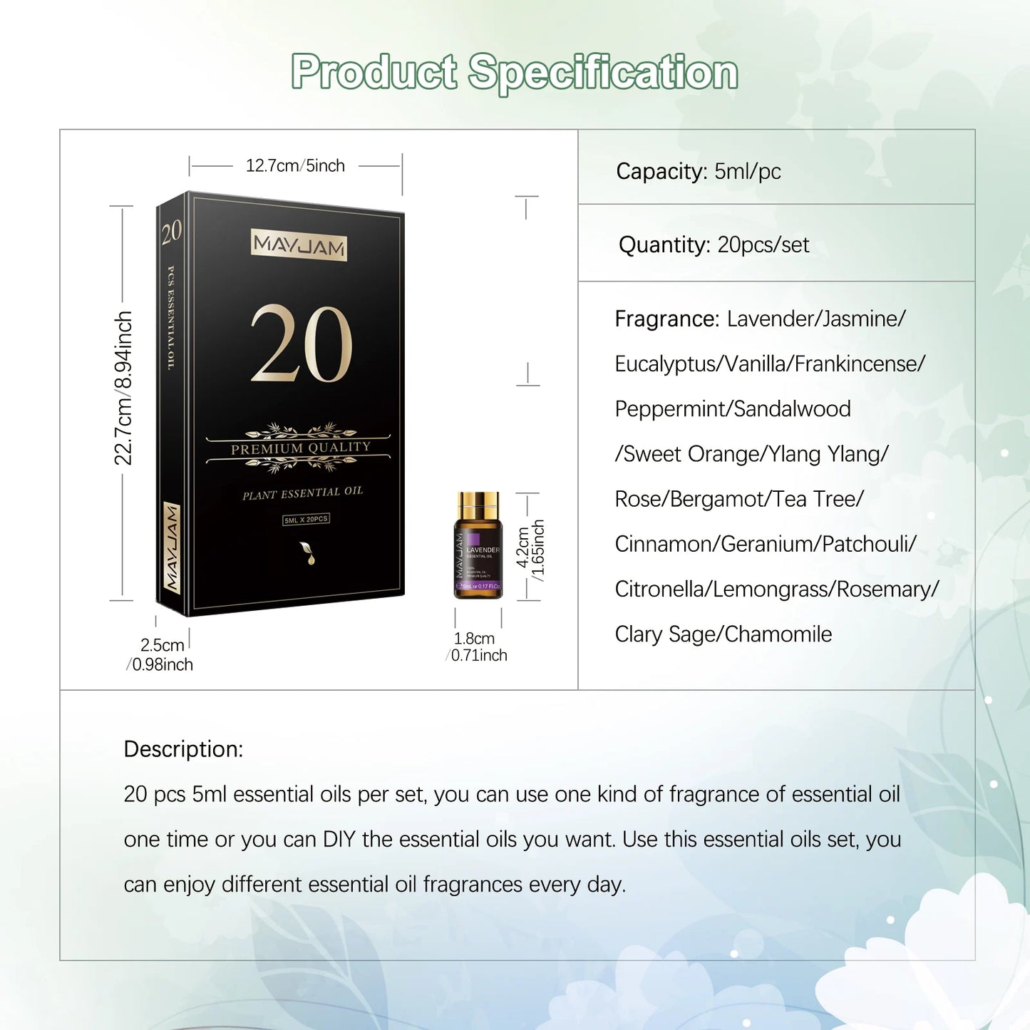 MAYJAM Essential Oil Gift Box Set 20 Pcs Frankincense Vanilla Lemon Mint