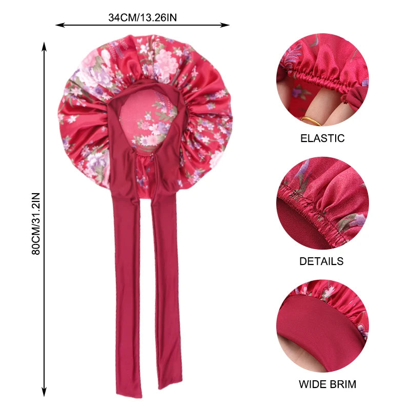 Flower Print Satin Sleep Bonnet With Hair Protection Tie Band
