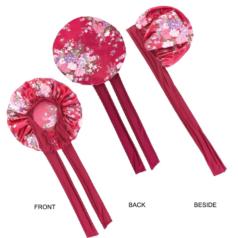 Flower Print Satin Sleep Bonnet With Hair Protection Tie Band