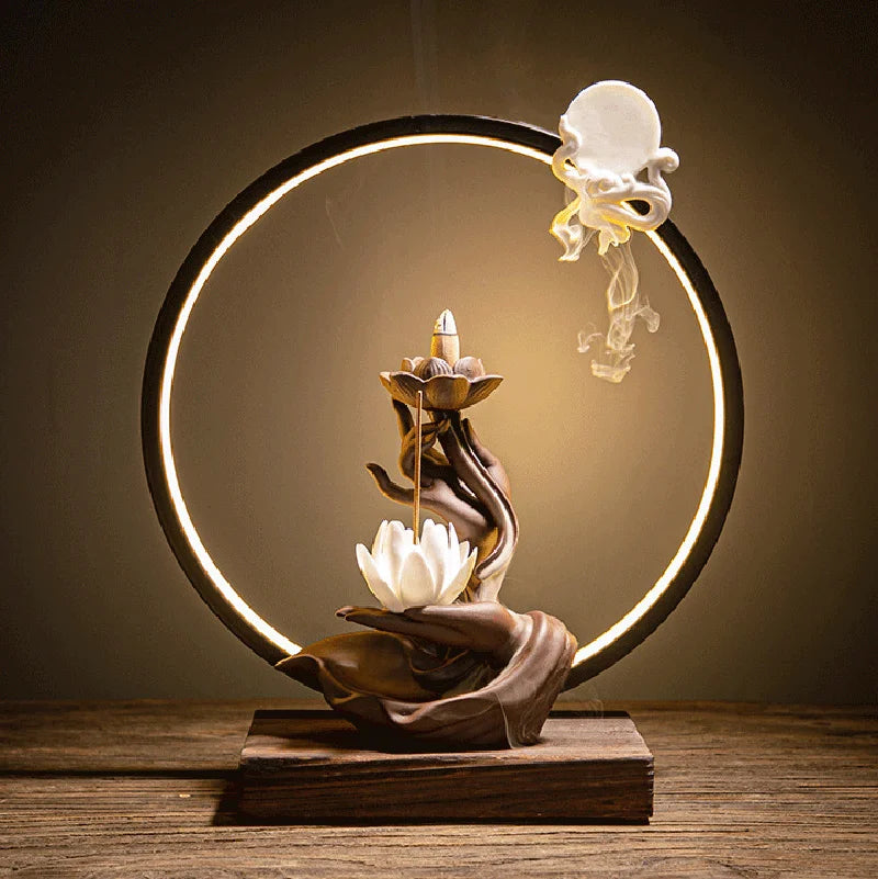 Chinese Style Buddha Hand Lotus LED Reflux Incense Burner Stand