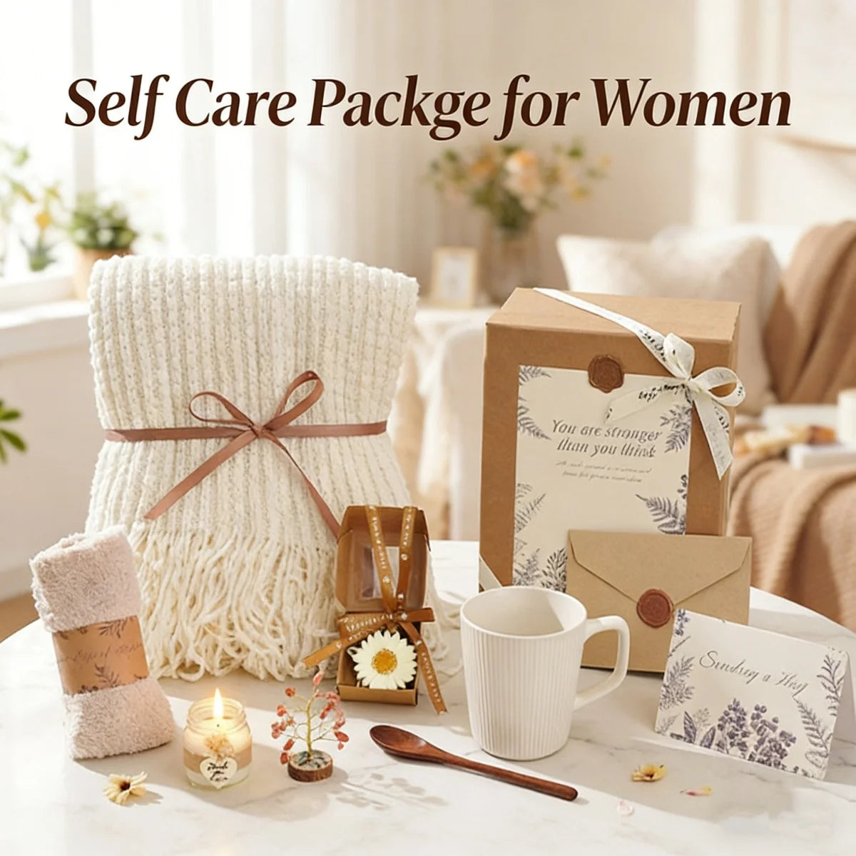 Women Comfort Gift Set Knit Blanket Fuzzy Socks Mug Candle