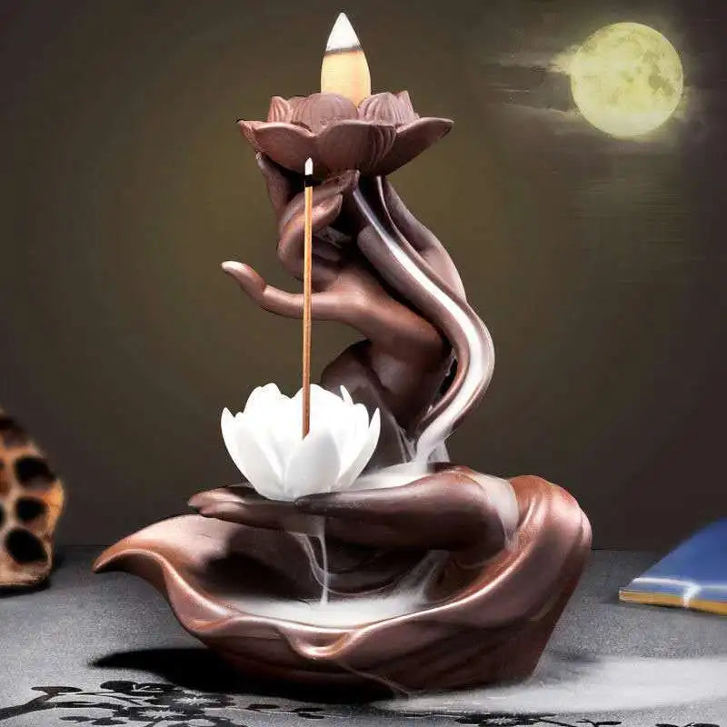 Chinese Style Buddha Hand Lotus LED Reflux Incense Burner Stand