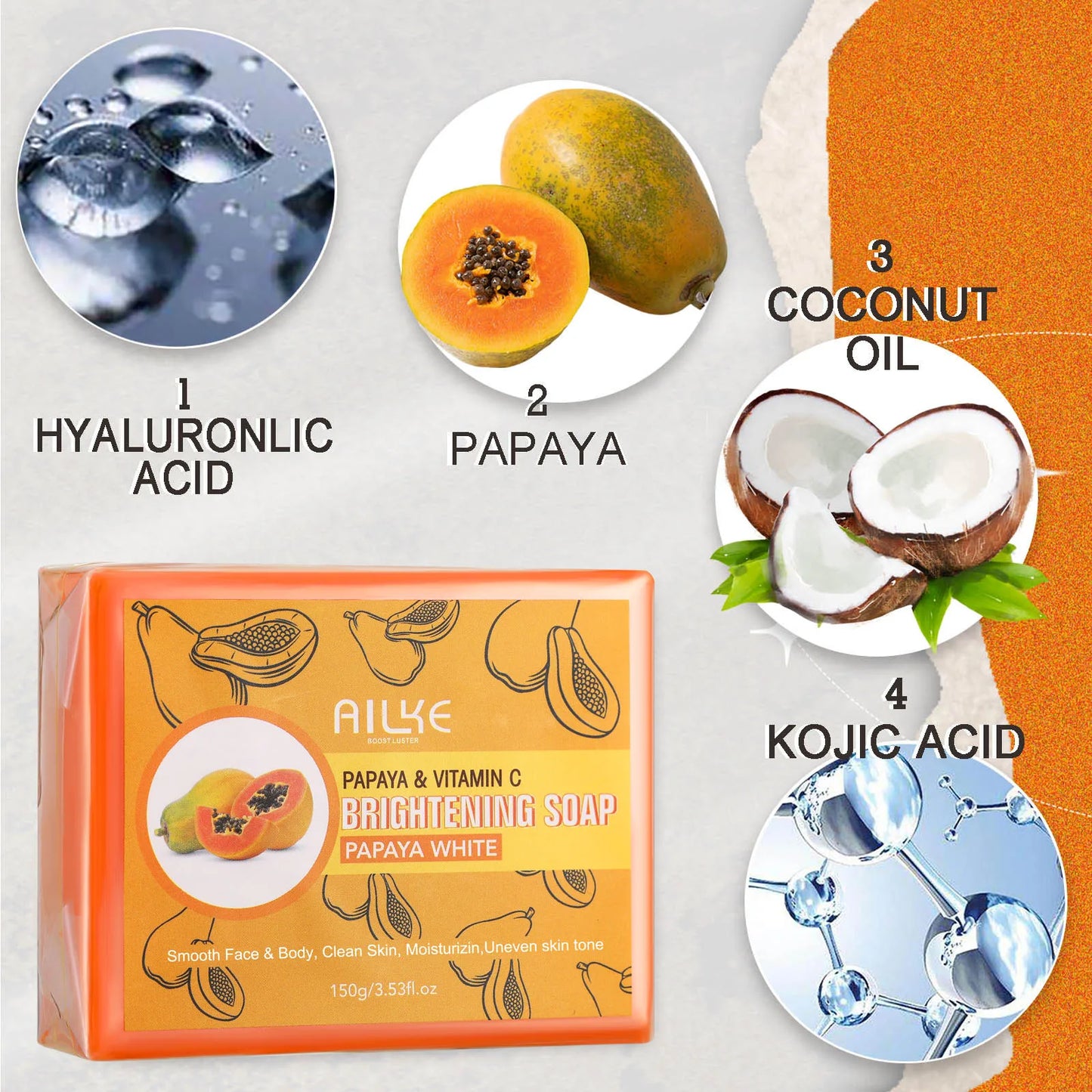 AILKE Papaya Whitening Soap Kojic Acid Hyaluronic For Dark Spots