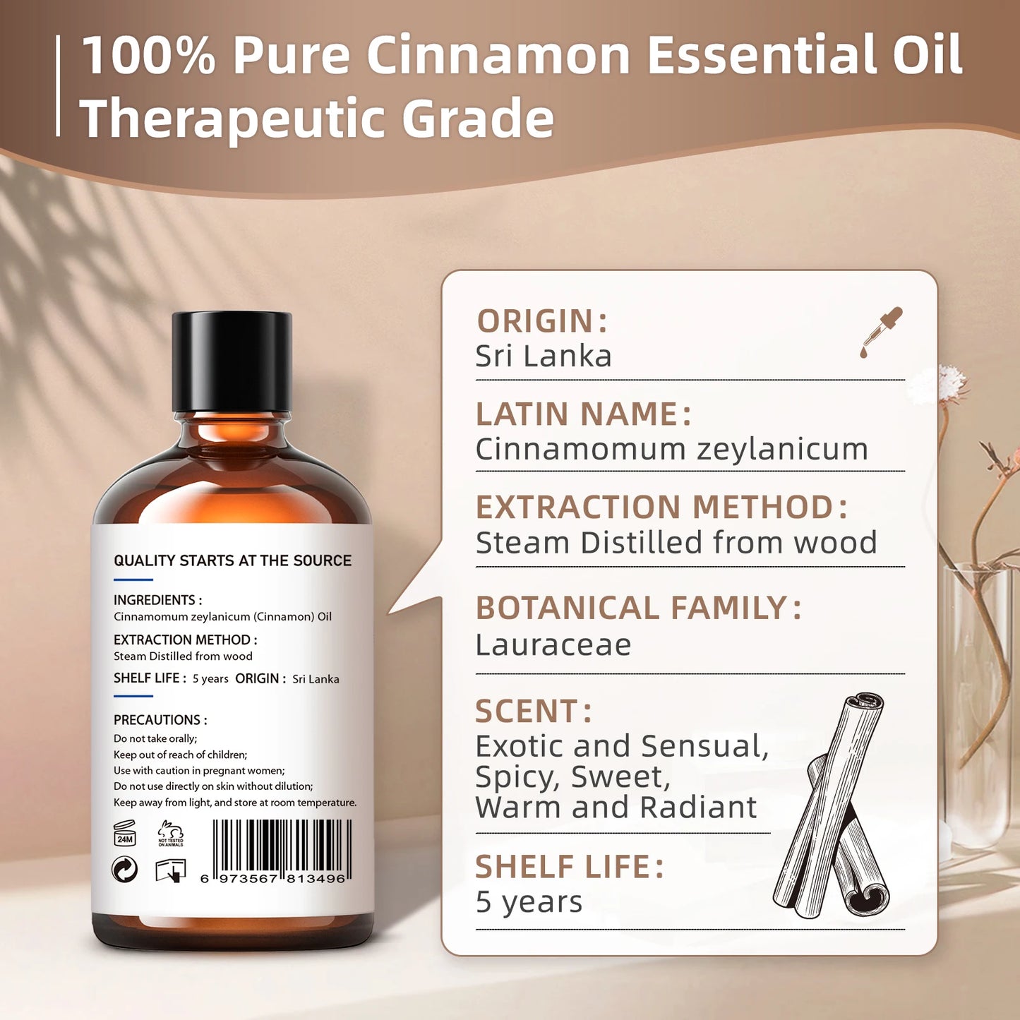 HIQILI Cinnamon Bark Essential Oil Pure For Aromatherapy And Diffuser