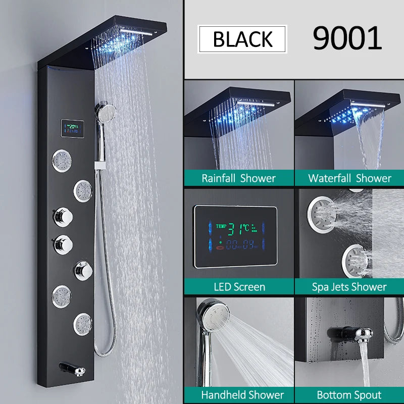 Quyanre LED Shower Panel Tower System Rain Waterfall Faucet