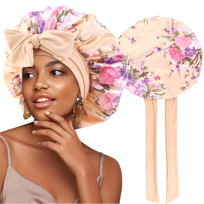 Flower Print Satin Sleep Bonnet With Hair Protection Tie Band