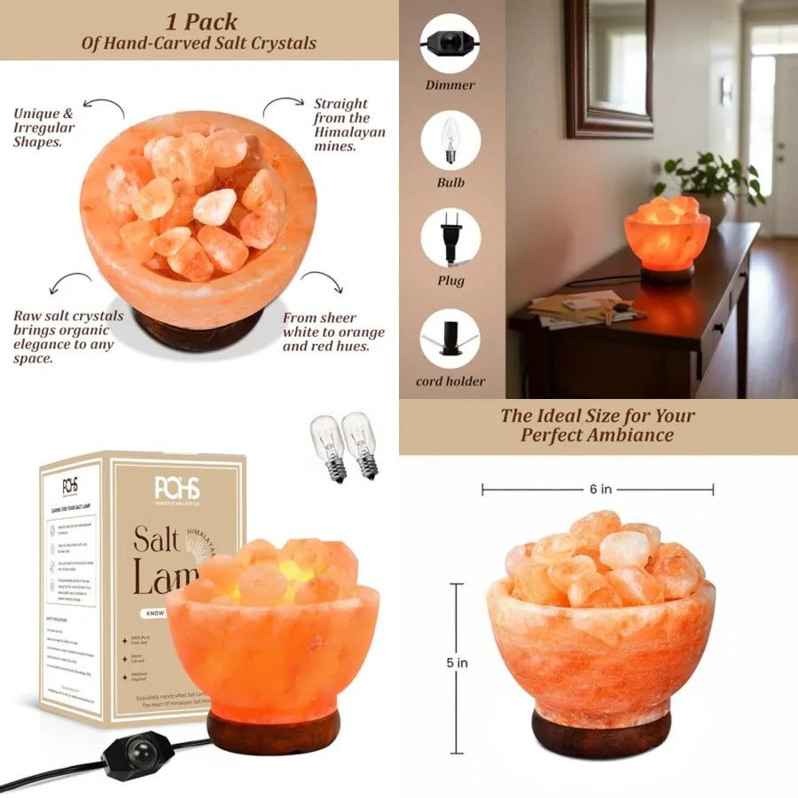 Himalayan Pink Salt Lamp Bowl Crystal Chunks Dimmable Warm Glow