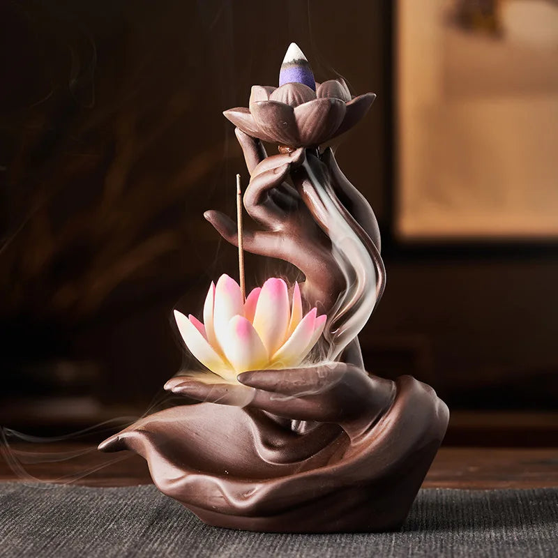 Chinese Style Buddha Hand Lotus LED Reflux Incense Burner Stand