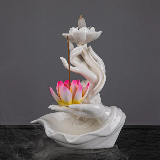 Chinese Style Buddha Hand Lotus LED Reflux Incense Burner Stand