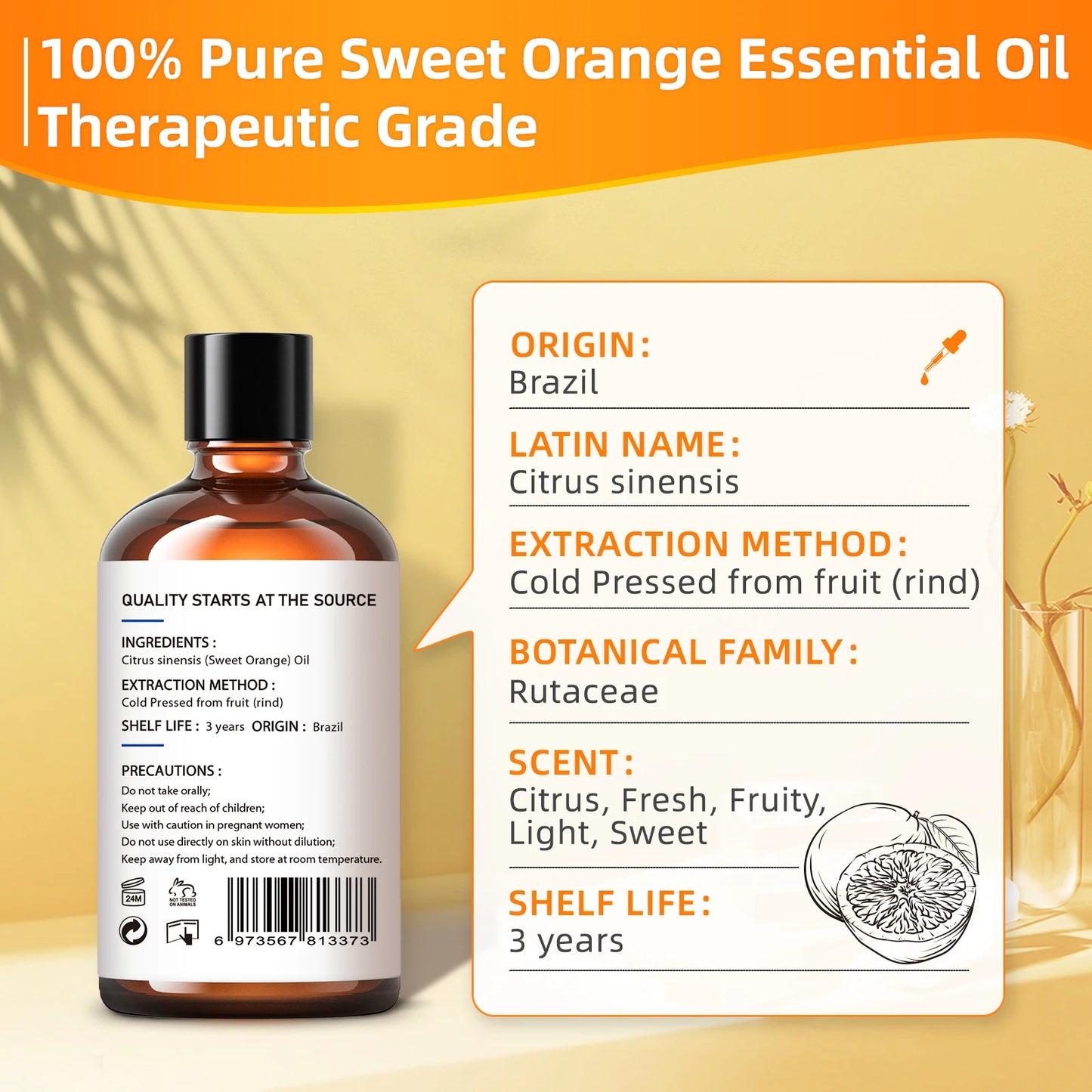 Hiqili Pure Sweet Orange Essential Oil Aromatherapy Grade