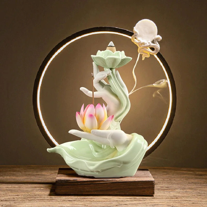 Chinese Style Buddha Hand Lotus LED Reflux Incense Burner Stand