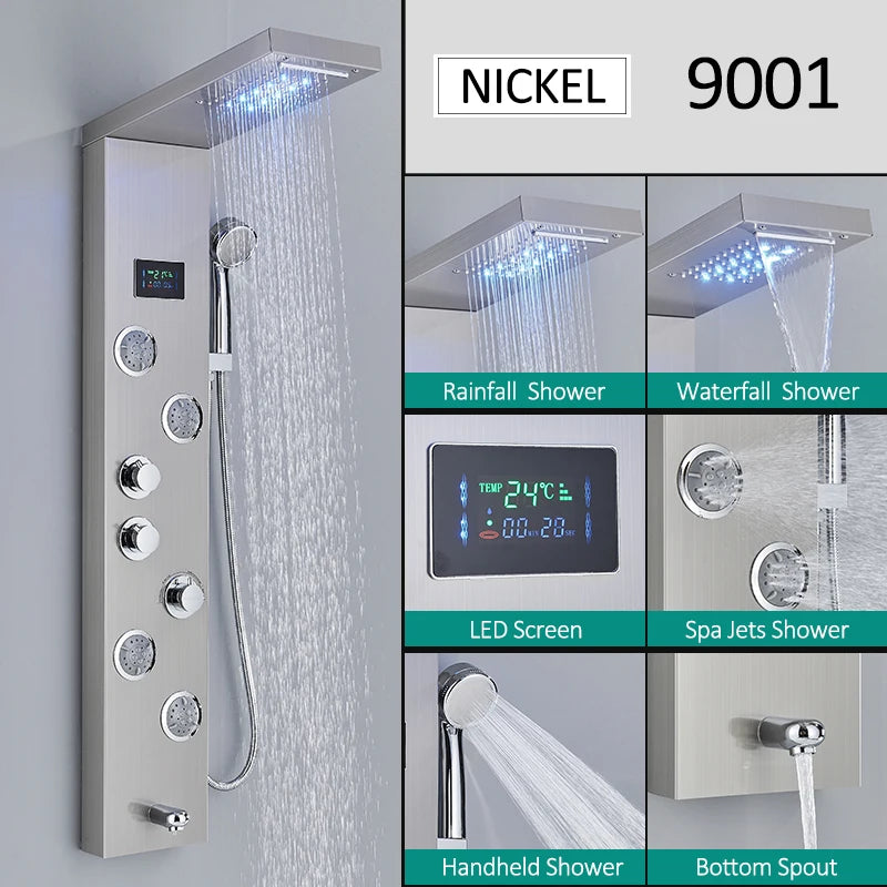 Quyanre LED Shower Panel Tower System Rain Waterfall Faucet