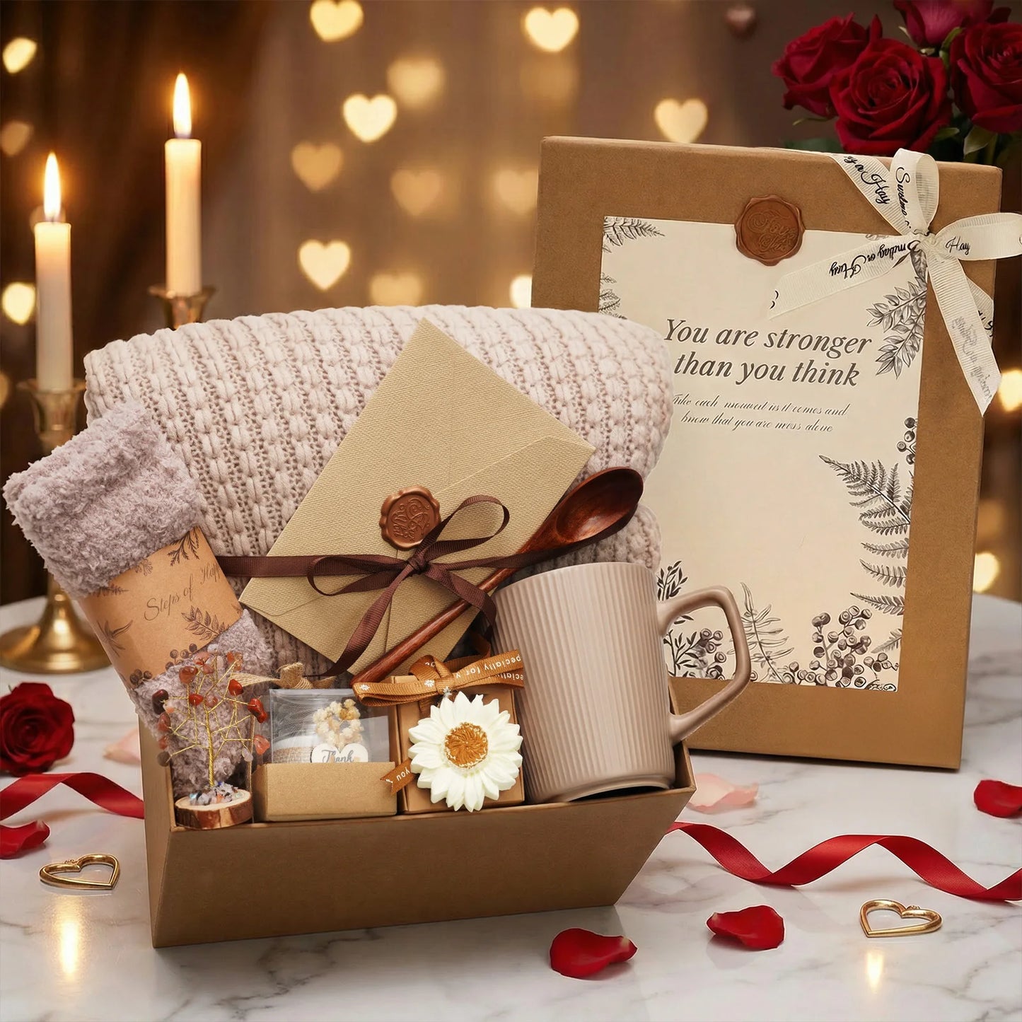 Women Comfort Gift Set Knit Blanket Fuzzy Socks Mug Candle