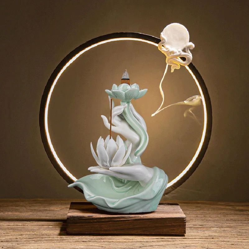 Chinese Style Buddha Hand Lotus LED Reflux Incense Burner Stand