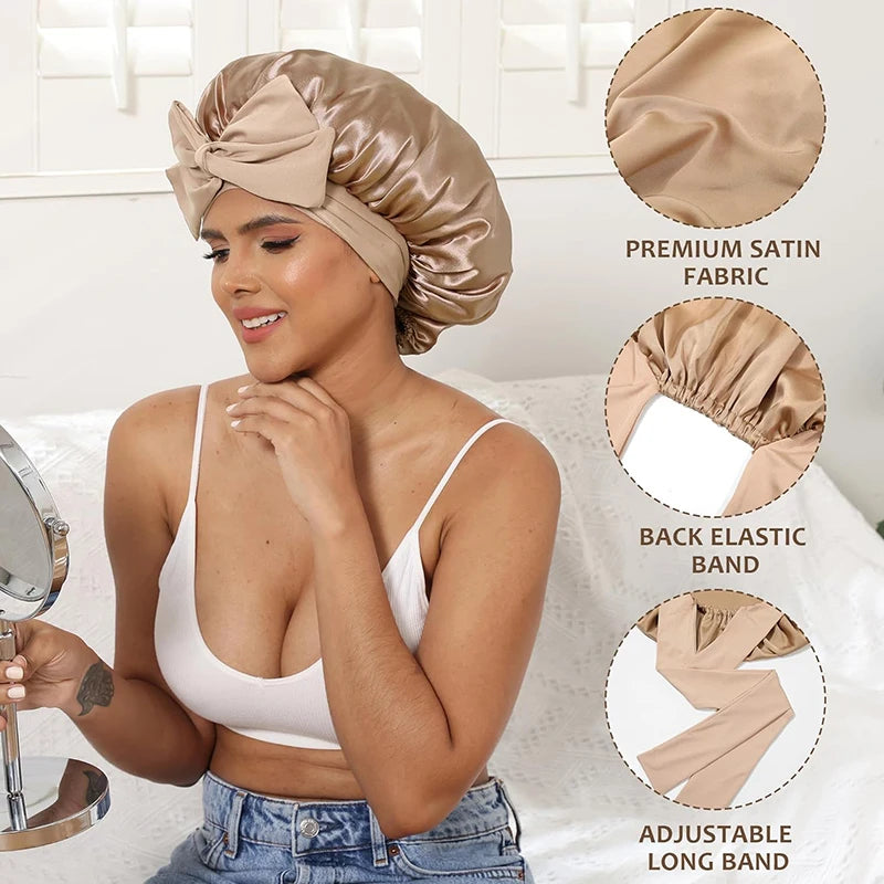 Women Satin Sleeping Bonnet Wide Brim Hair Protection Cap