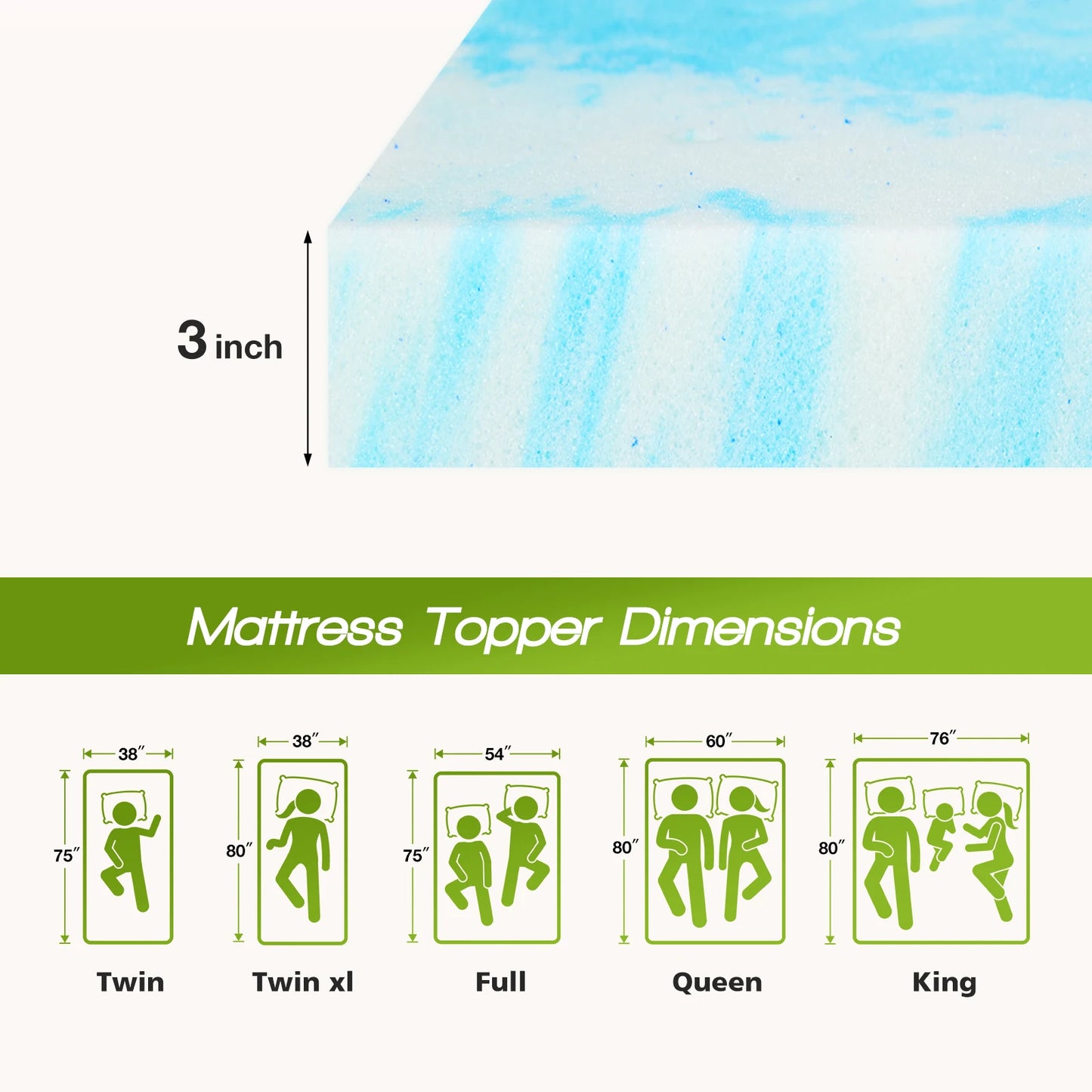 JHK Breathable Soft Gel Cooling Memory Foam Mattress Topper