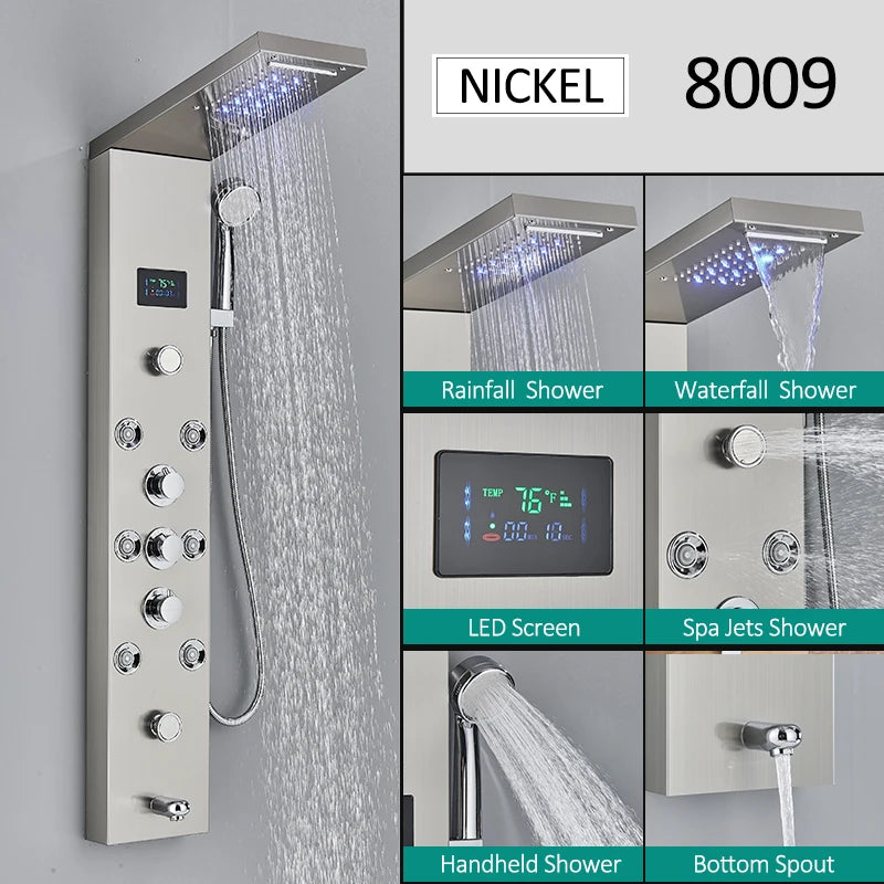 Quyanre LED Shower Panel Tower System Rain Waterfall Faucet