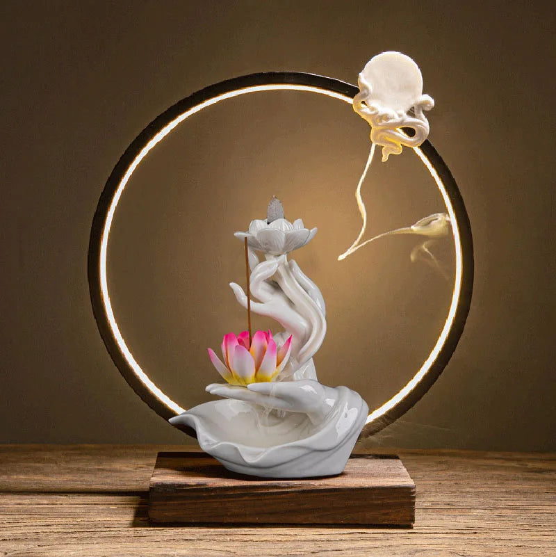 Chinese Style Buddha Hand Lotus LED Reflux Incense Burner Stand