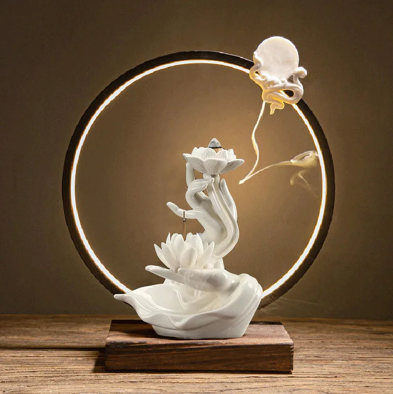 Chinese Style Buddha Hand Lotus LED Reflux Incense Burner Stand