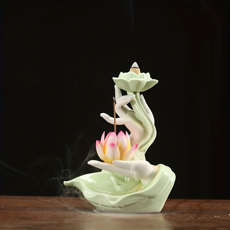 Chinese Style Buddha Hand Lotus LED Reflux Incense Burner Stand