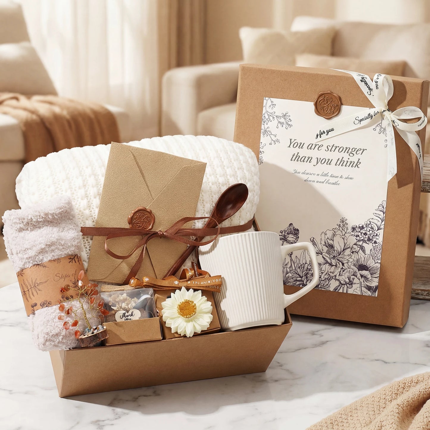 Women Comfort Gift Set Knit Blanket Fuzzy Socks Mug Candle