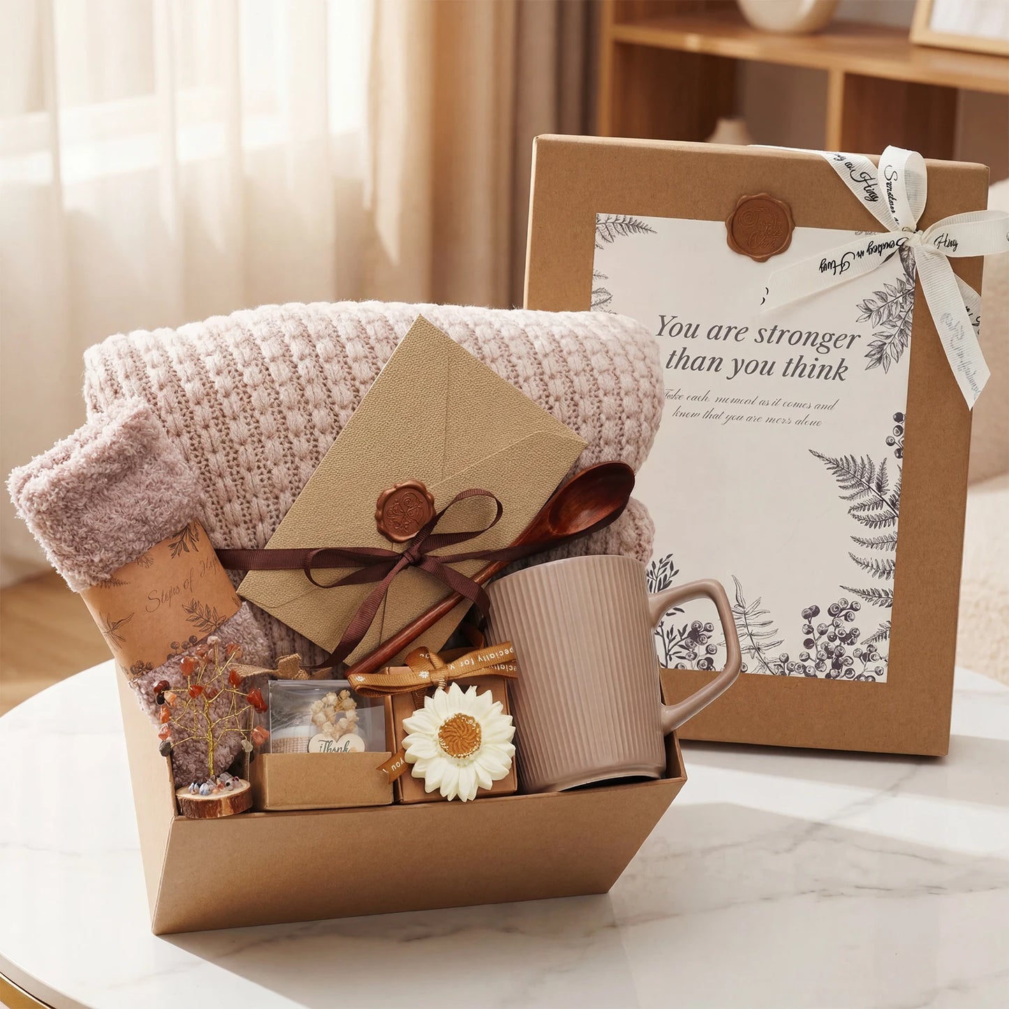 Women Comfort Gift Set Knit Blanket Fuzzy Socks Mug Candle